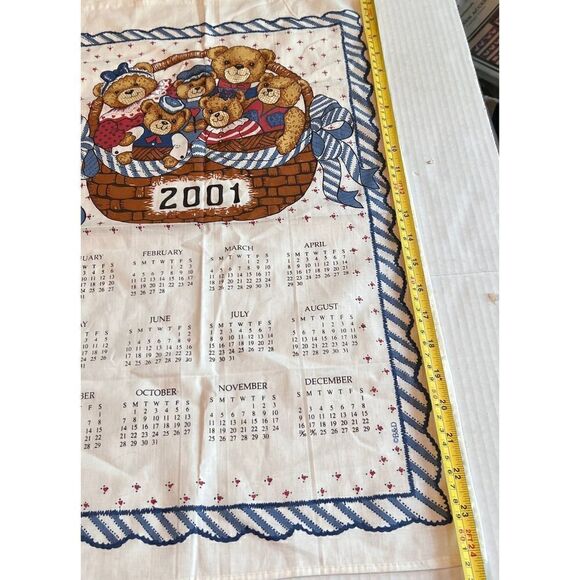 Teddy Bear 2001 Calendar Tea Towel Vintage Blue White - Picture 2 of 5